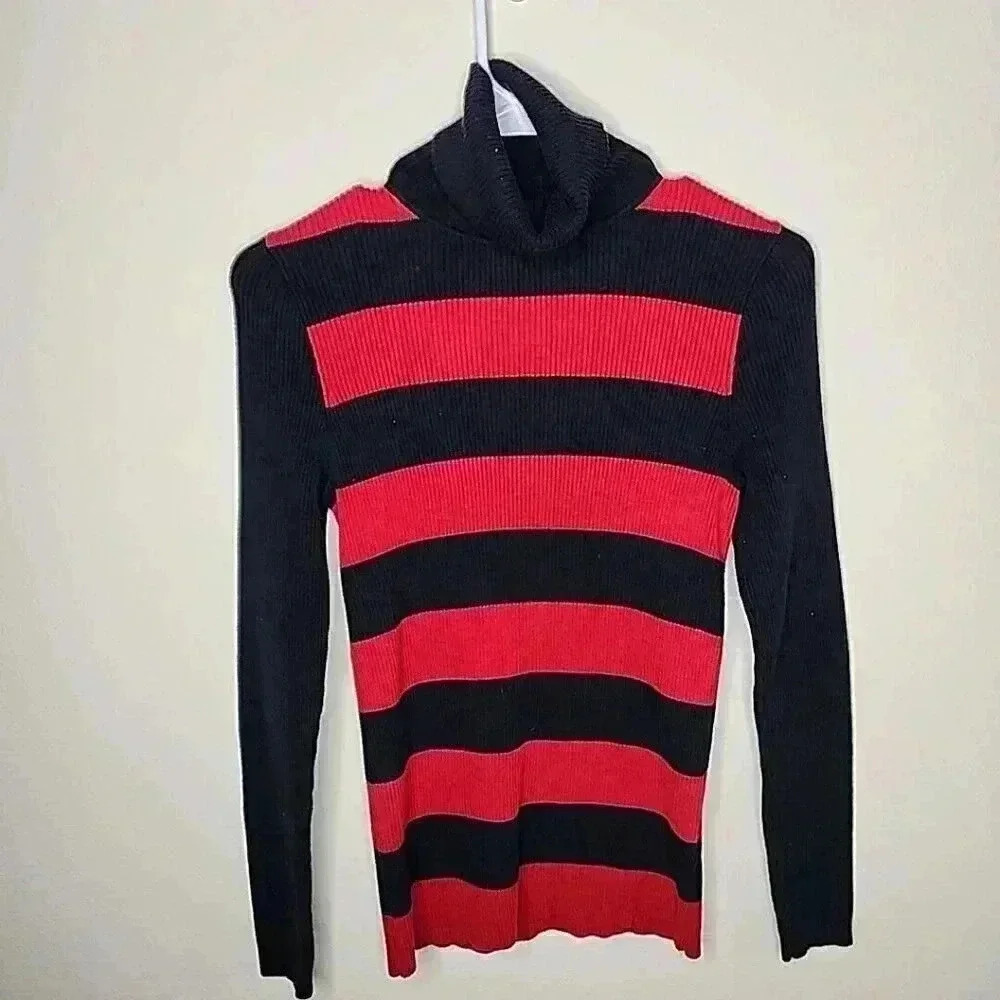 Lauren Ralph Lauren Red & Black Stripe Ribbed Turtleneck Logo Sweater M Y2K Core